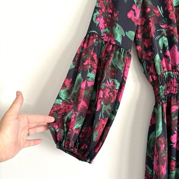 NEW MISA Los Angeles Simone Black and Pink Floral Satin Midi Dress Women’s Small - Picture 5 of 12